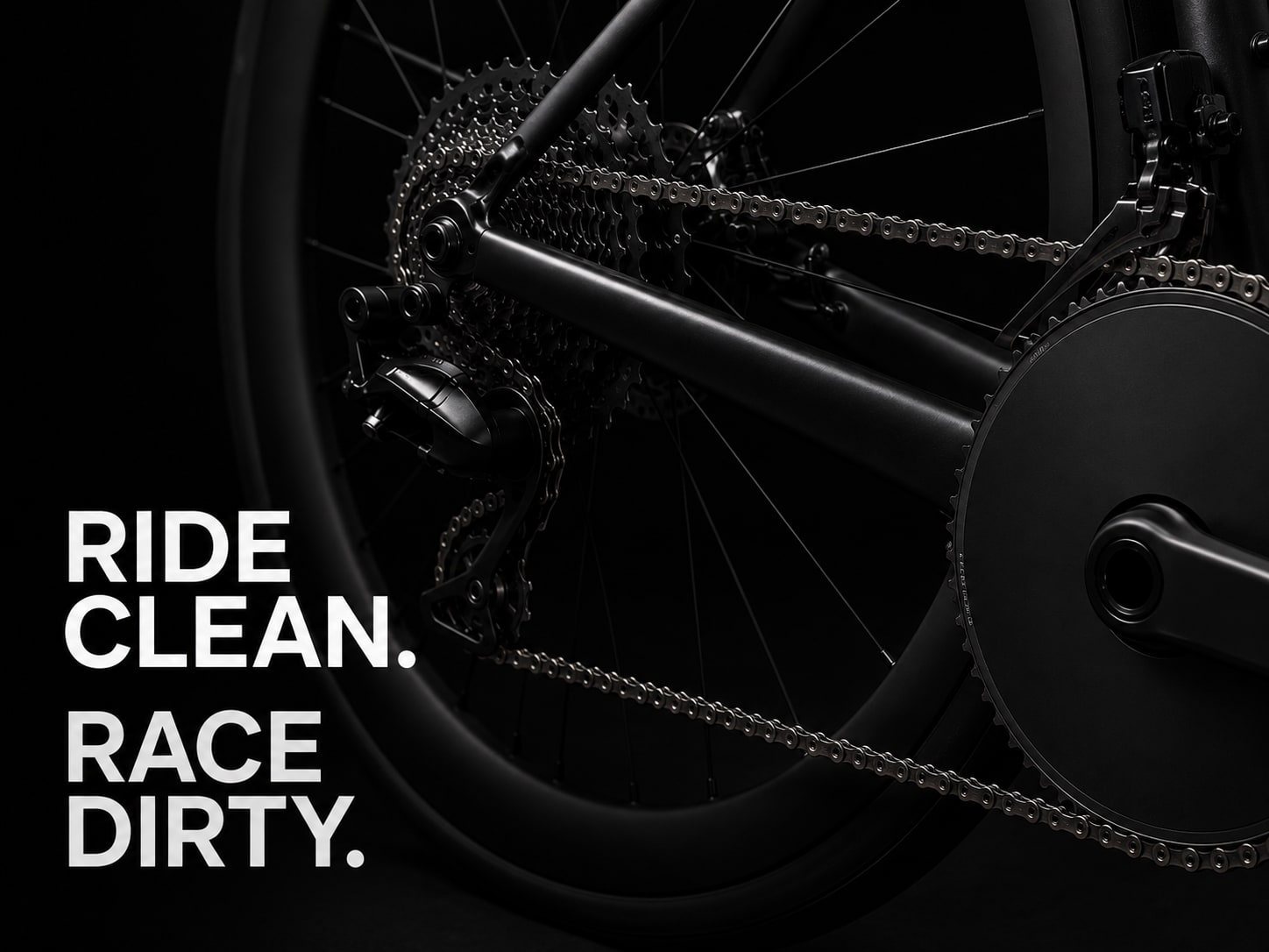 Detailaufnahme eines Rennrad-Antriebs mit Kassette und Kette, im Bild die Zeilen „Ride clean.“ und „Race dirty.“