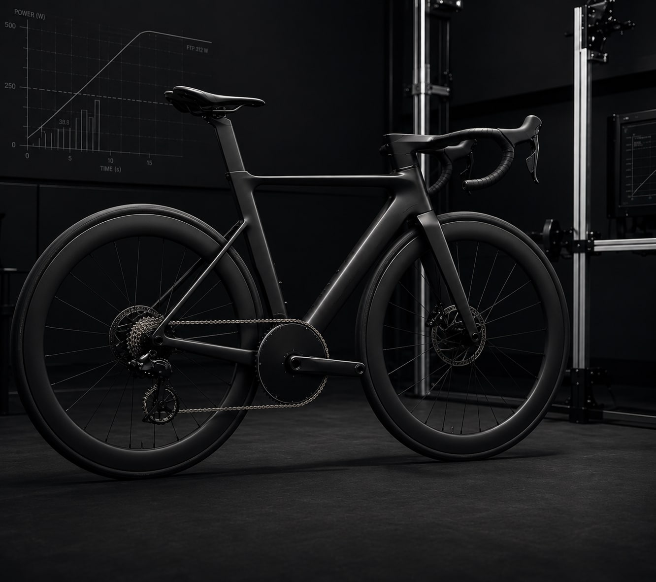 Aerodynamisches Rennrad in mattschwarzem Setup auf einem Leistungsmessstand im Studio